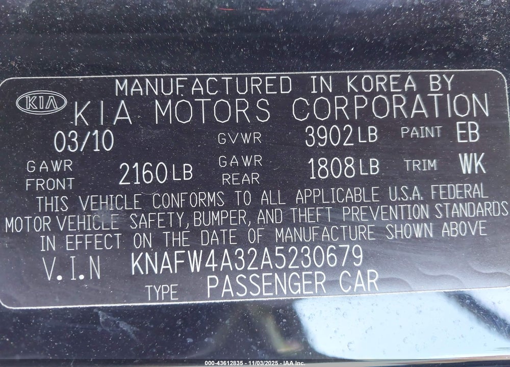2010 KIA FORTE VIN: KNAFW4A32A5230679
