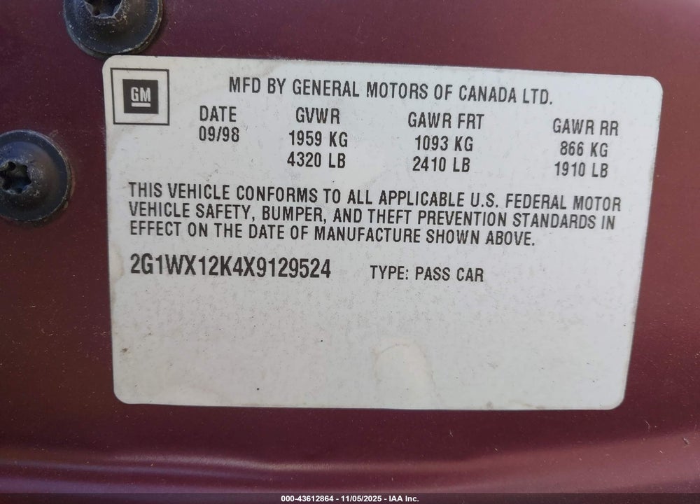 1999 CHEVROLET MONTE CARLO VIN: 2G1WX12K4X9129524