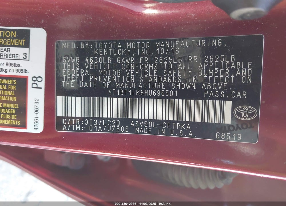 2017 TOYOTA CAMRY XSE VIN: 4T1BF1FK6HU696501