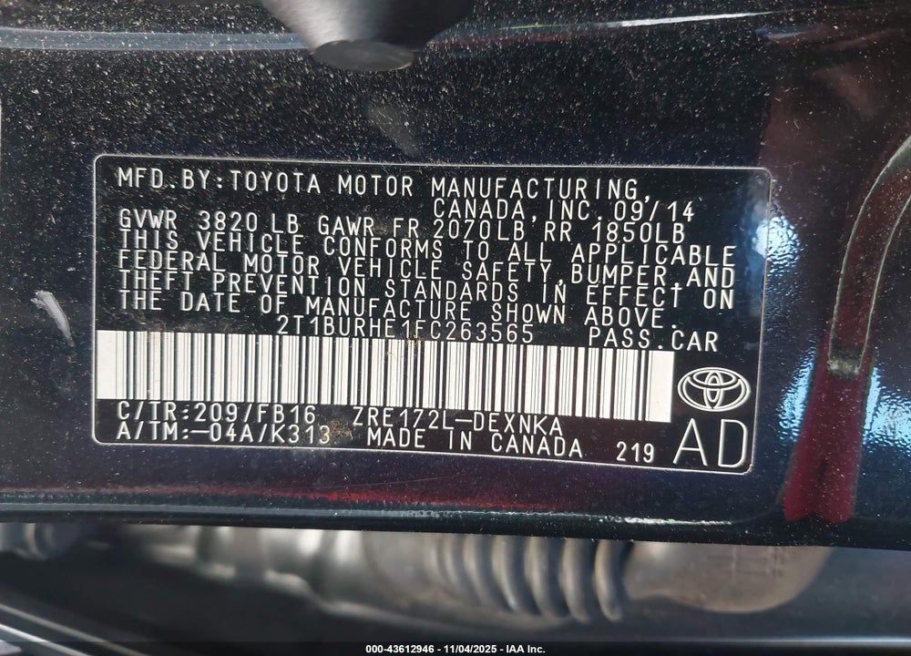 2015 TOYOTA COROLLA LE VIN: 2T1BURHE1FC263565