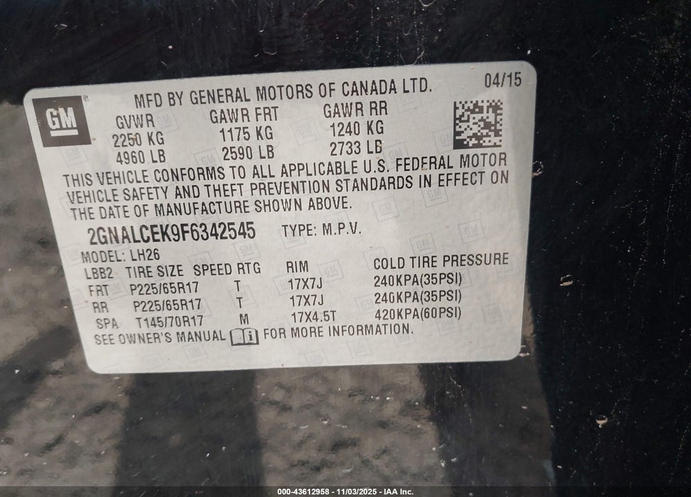 2015 CHEVROLET EQUINOX 2LT VIN: 2GNALCEK9F6342545
