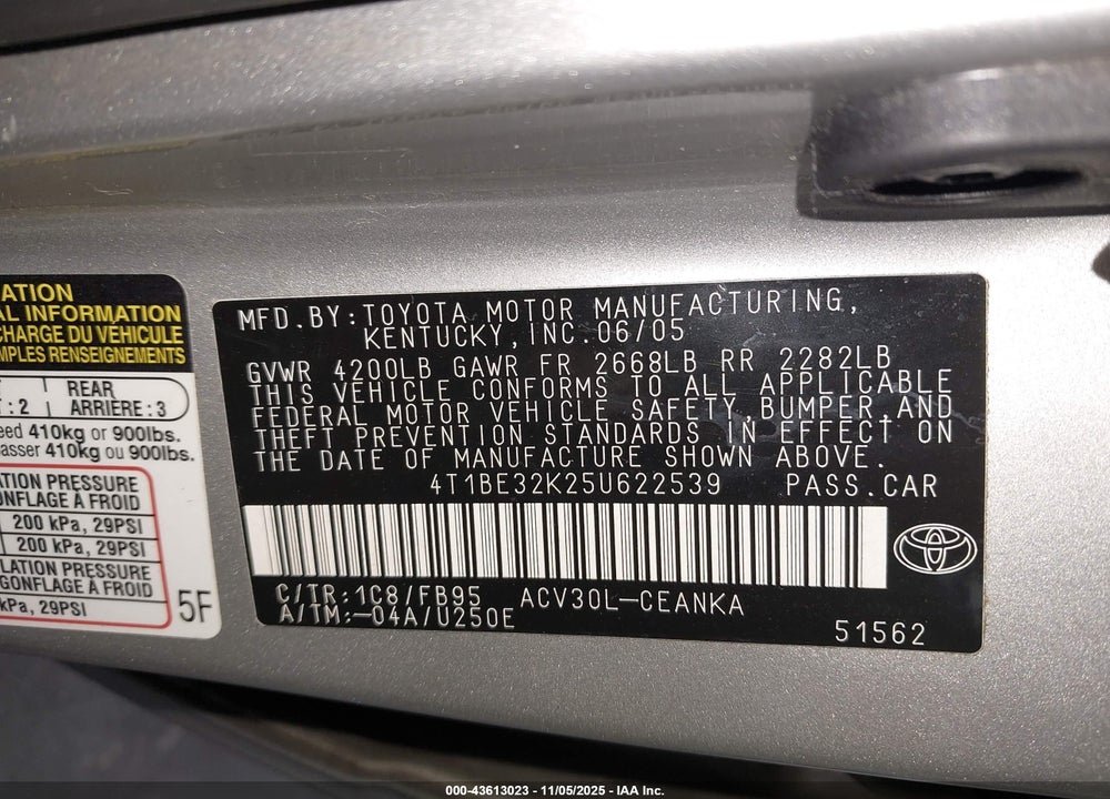 2005 TOYOTA CAMRY LE VIN: 4T1BE32K25U622539