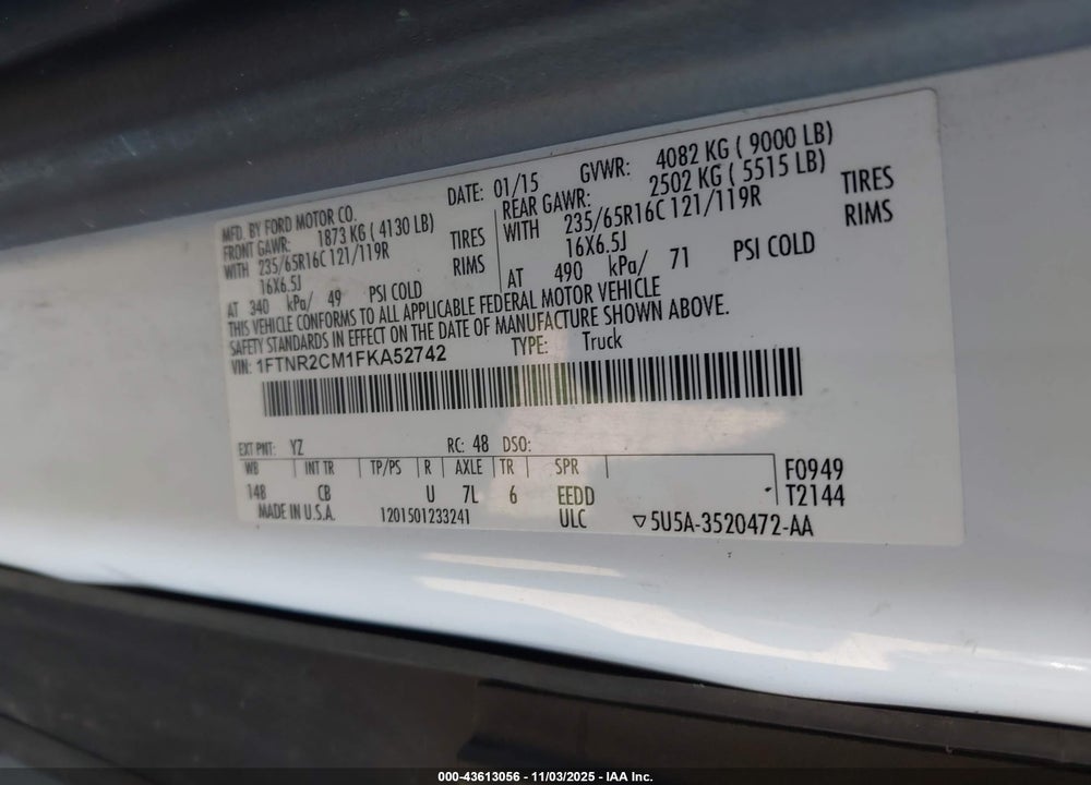 2015 FORD TRANSIT-250 VIN: 1FTNR2CM1FKA52742