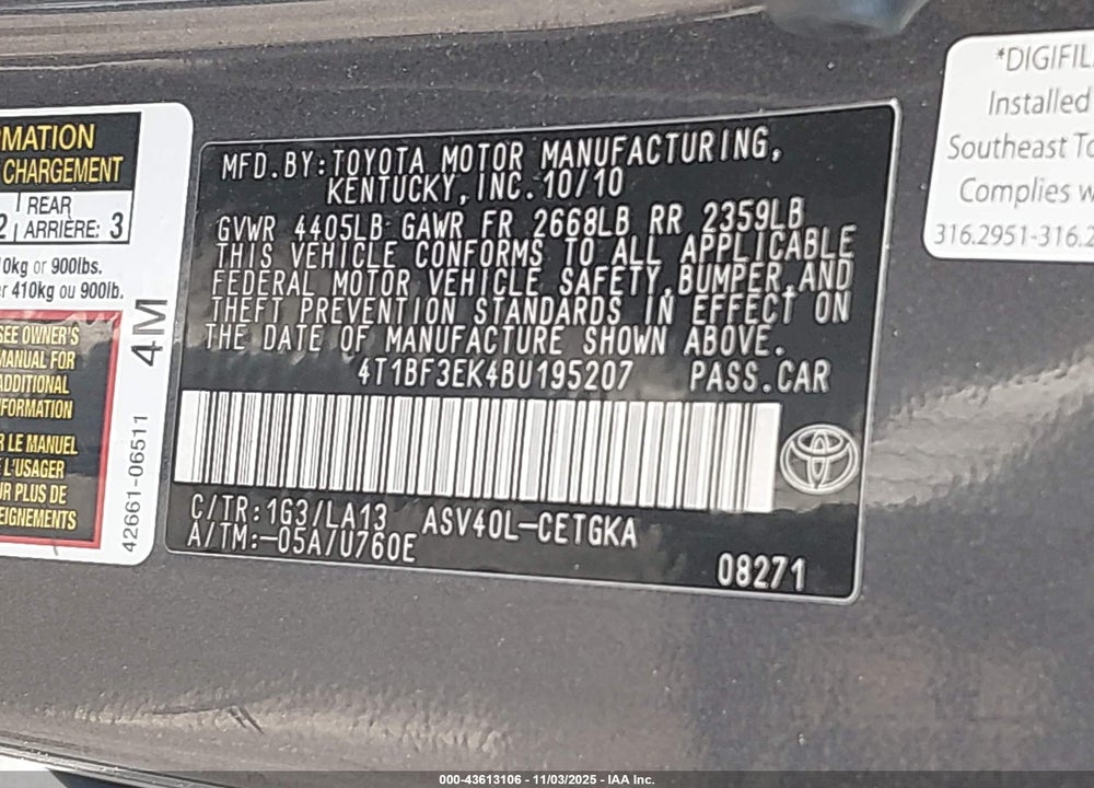 2011 TOYOTA CAMRY XLE VIN: 4T1BF3EK4BU195207