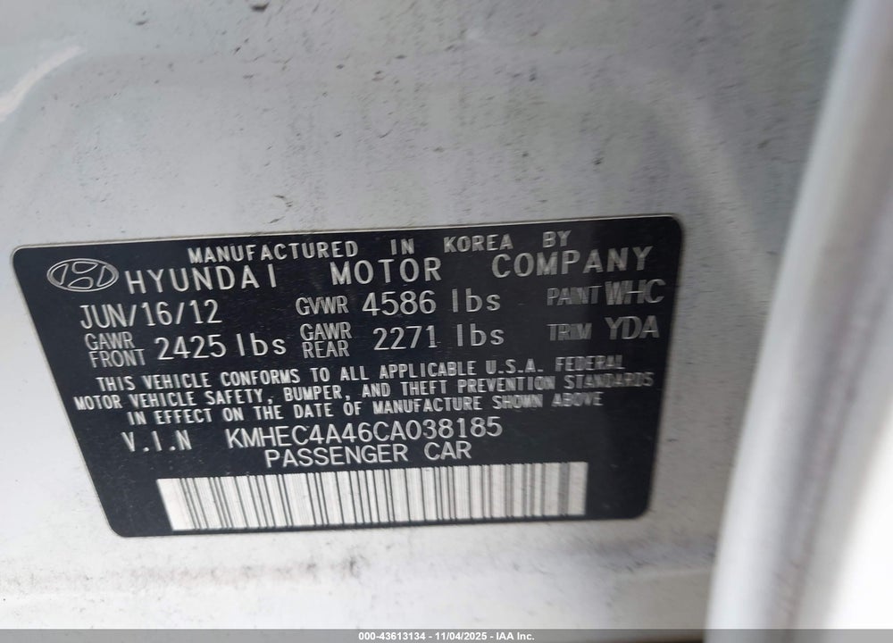 2012 HYUNDAI SONATA HYBRID VIN: KMHEC4A46CA038185