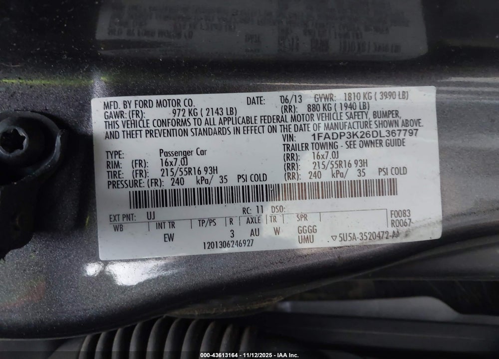 2013 FORD FOCUS SE VIN: 1FADP3K26DL367797