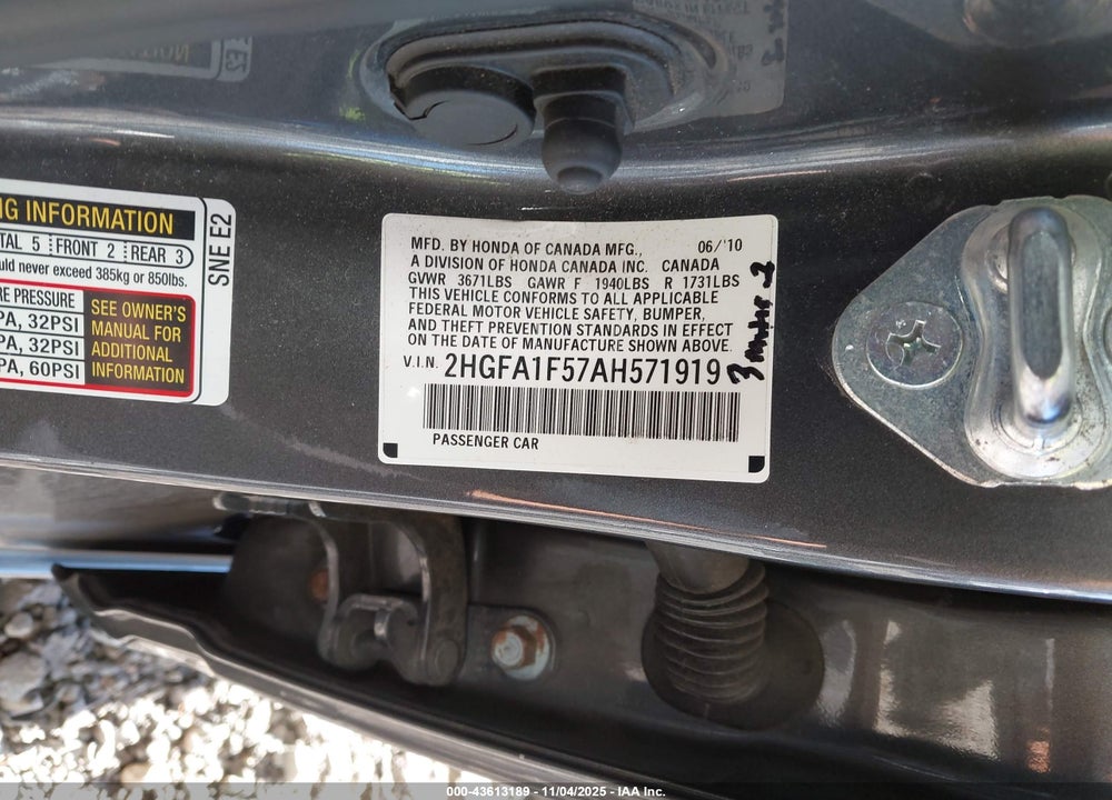 2010 HONDA CIVIC LX VIN: 2HGFA1F57AH571919