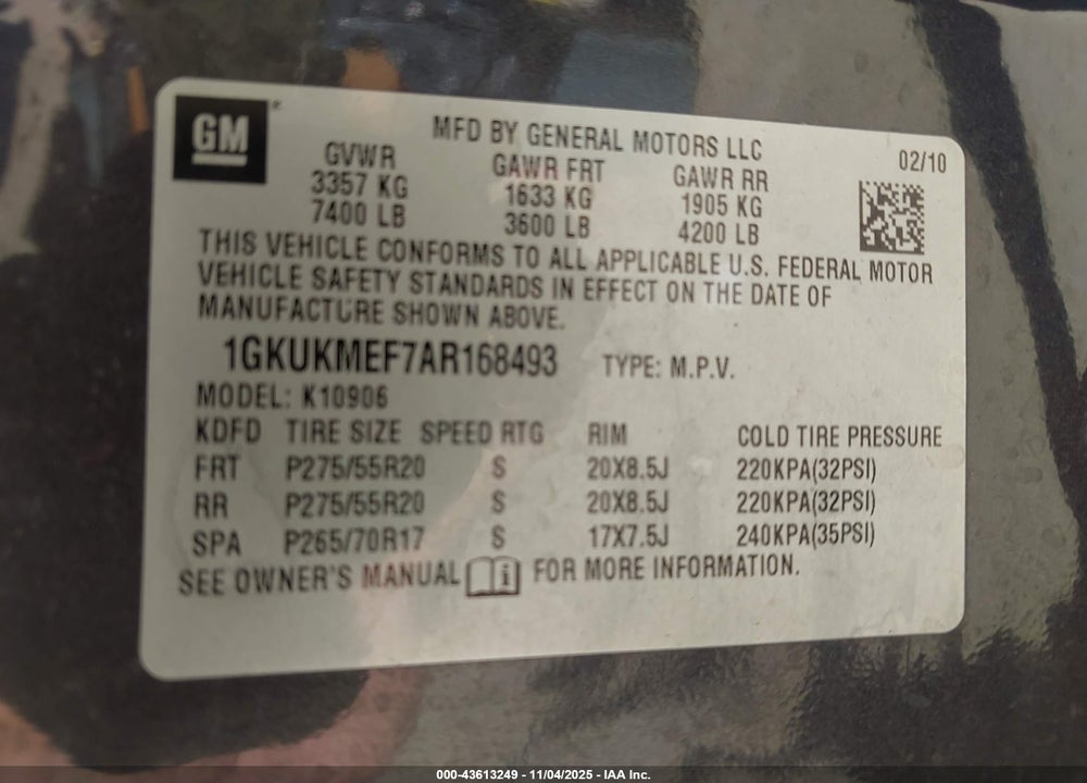 2010 GMC YUKON XL 1500 DENALI VIN: 1GKUKMEF7AR168493