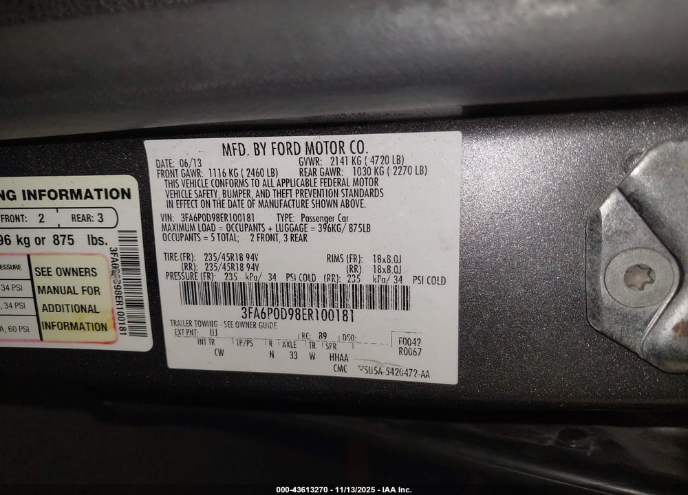 2014 FORD FUSION TITANIUM VIN: 3FA6P0D98ER100181