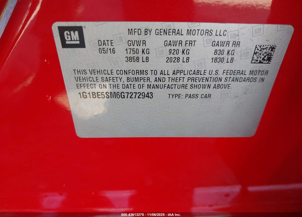 2016 CHEVROLET CRUZE LT AUTO VIN: 1G1BE5SM6G7272943