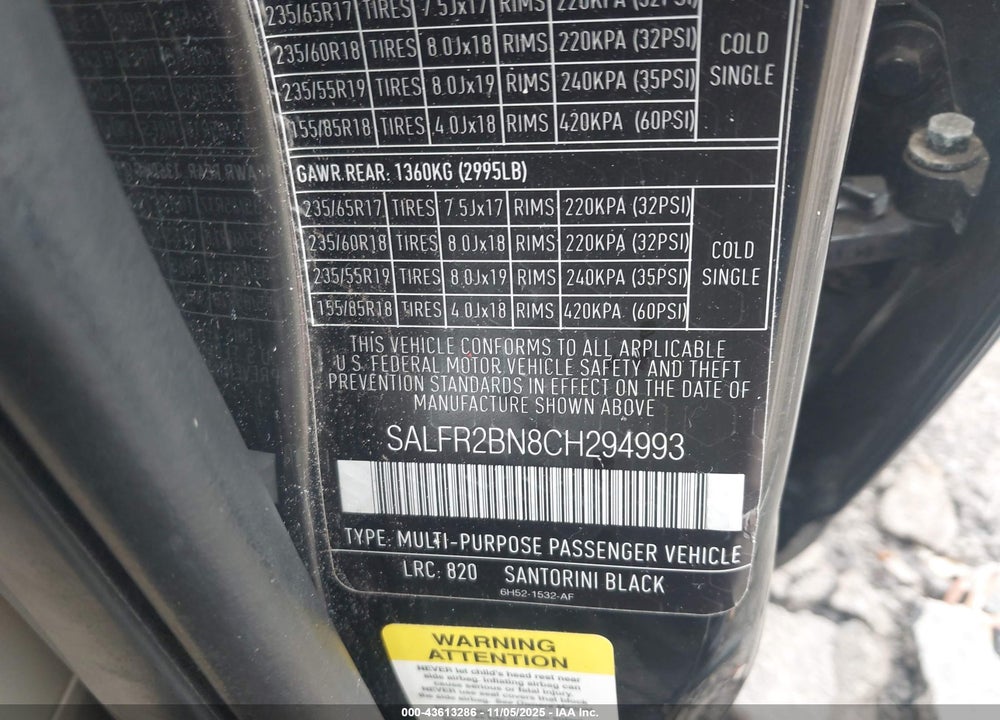 2012 LAND ROVER LR2 VIN: SALFR2BN8CH294993
