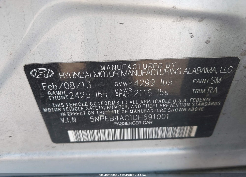 2013 HYUNDAI SONATA VIN: 5NPEB4AC1DH691001