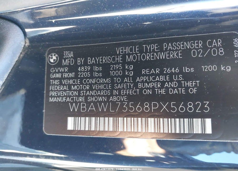 2008 BMW 335I VIN: WBAWL73568PX56823