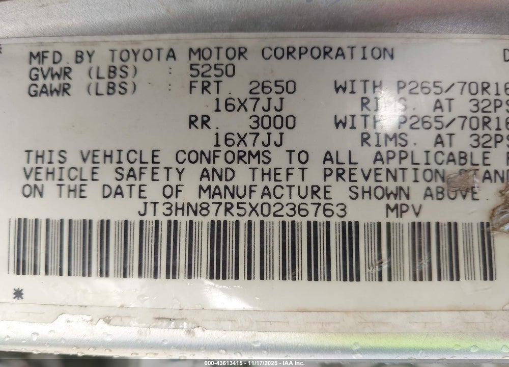 1999 TOYOTA 4RUNNER LIMITED V6 VIN: JT3HN87R5X0236763