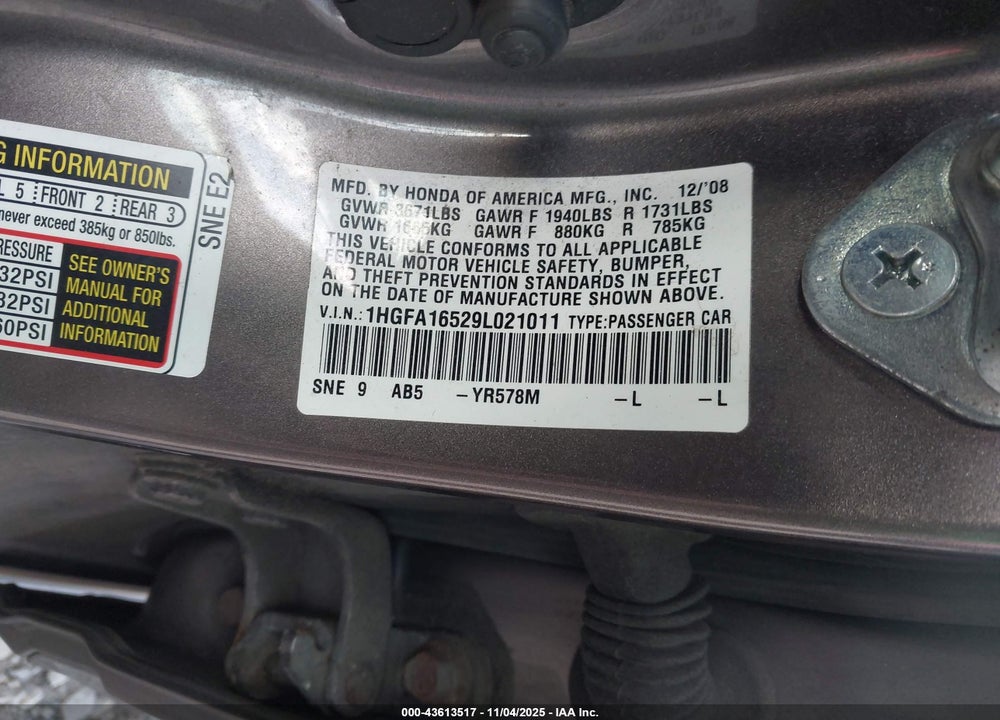 2009 HONDA CIVIC VIN: 1HGFA16529L021011