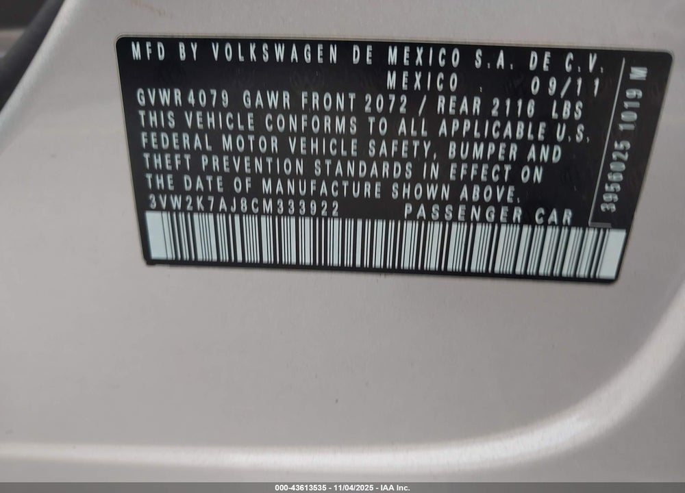 2012 VOLKSWAGEN JETTA 2.0L S VIN: 3VW2K7AJ8CM333922