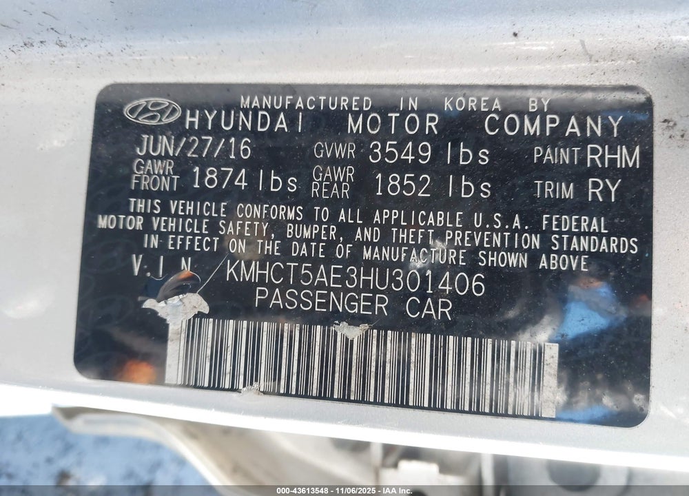 2017 HYUNDAI ACCENT SE VIN: KMHCT5AE3HU301406