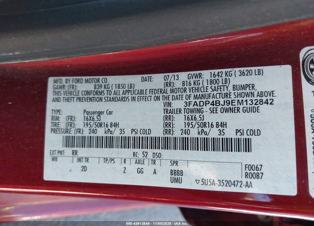 2014 FORD FIESTA SE VIN: 3FADP4BJ9EM132842
