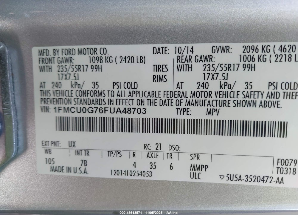 2015 FORD ESCAPE SE VIN: 1FMCU0G76FUA48703
