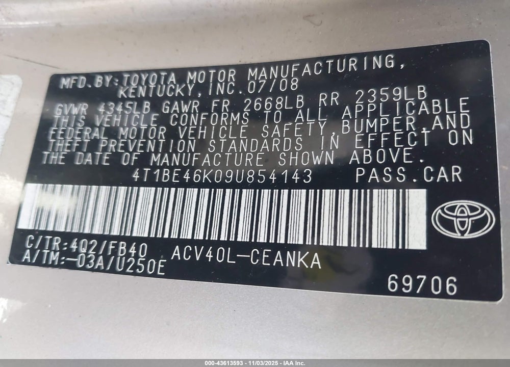 2009 TOYOTA CAMRY VIN: 4T1BE46K09U854143