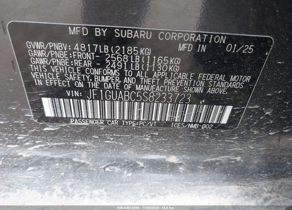 2025 SUBARU IMPREZA BASE 5-DOOR VIN: JF1GUABC5S8233723