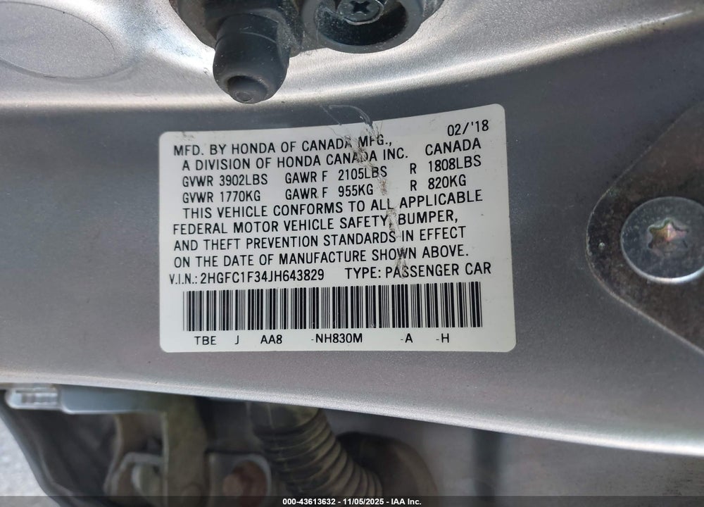 2018 HONDA CIVIC EX-T VIN: 2HGFC1F34JH643829