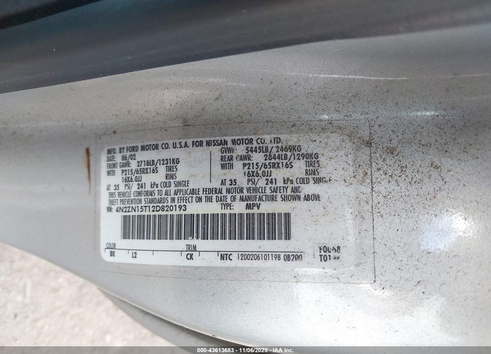 2002 NISSAN QUEST GXE VIN: 4N2ZN15T12D820193