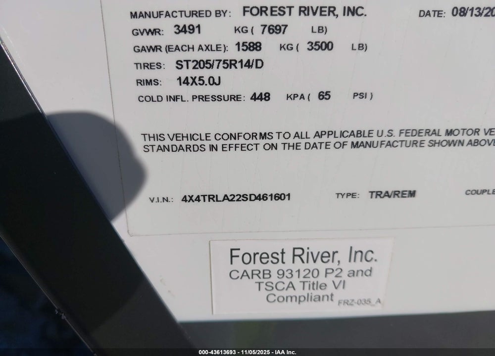 2025 FOREST RIVER OTHER VIN: 4X4TRLA22SD461601