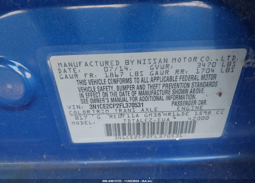 2015 NISSAN VERSA NOTE VIN: 3N1CE2CP2FL370531
