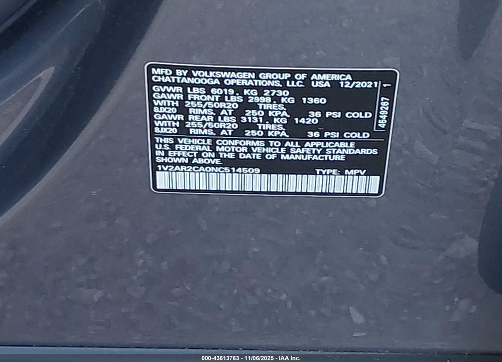 2022 VOLKSWAGEN ATLAS 3.6L V6 SEL R-LINE VIN: 1V2AR2CA0NC514509
