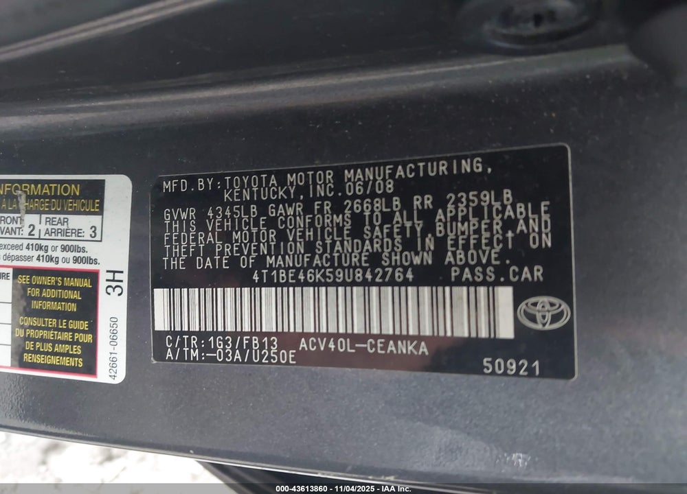 2009 TOYOTA CAMRY LE VIN: 4T1BE46K59U842764