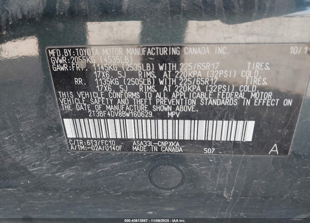 2011 TOYOTA RAV4 VIN: 2T3BF4DV8BW160629