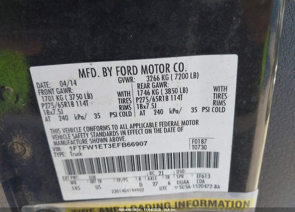 2014 FORD F-150 XLT VIN: 1FTFW1ET3EFB66907