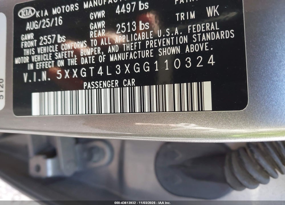 2016 KIA OPTIMA LX VIN: 5XXGT4L3XGG110324