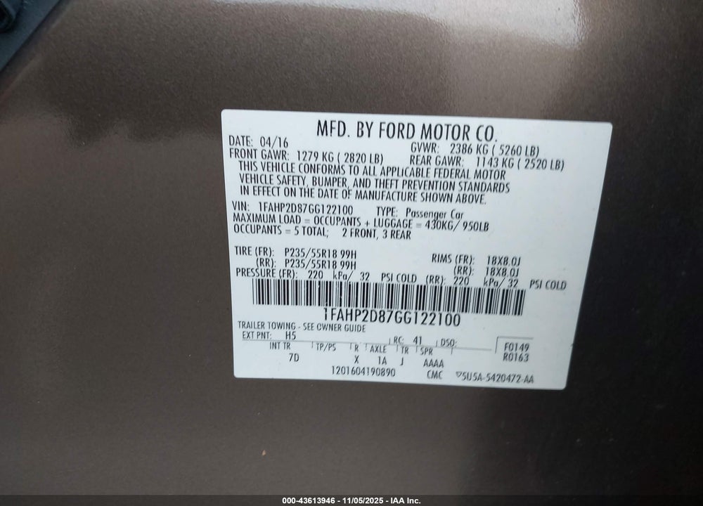 2016 FORD TAURUS SE VIN: 1FAHP2D87GG122100