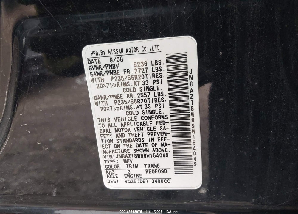2009 NISSAN MURANO LE VIN: JN8AZ18W99W154049