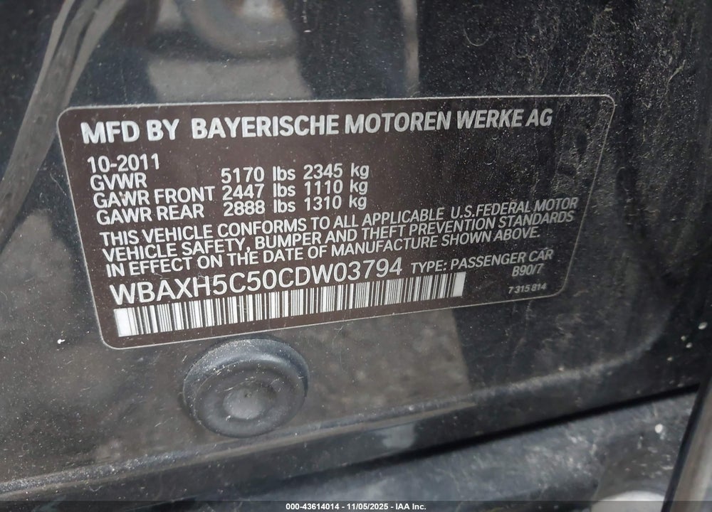 2012 BMW 528I XDRIVE VIN: WBAXH5C50CDW03794