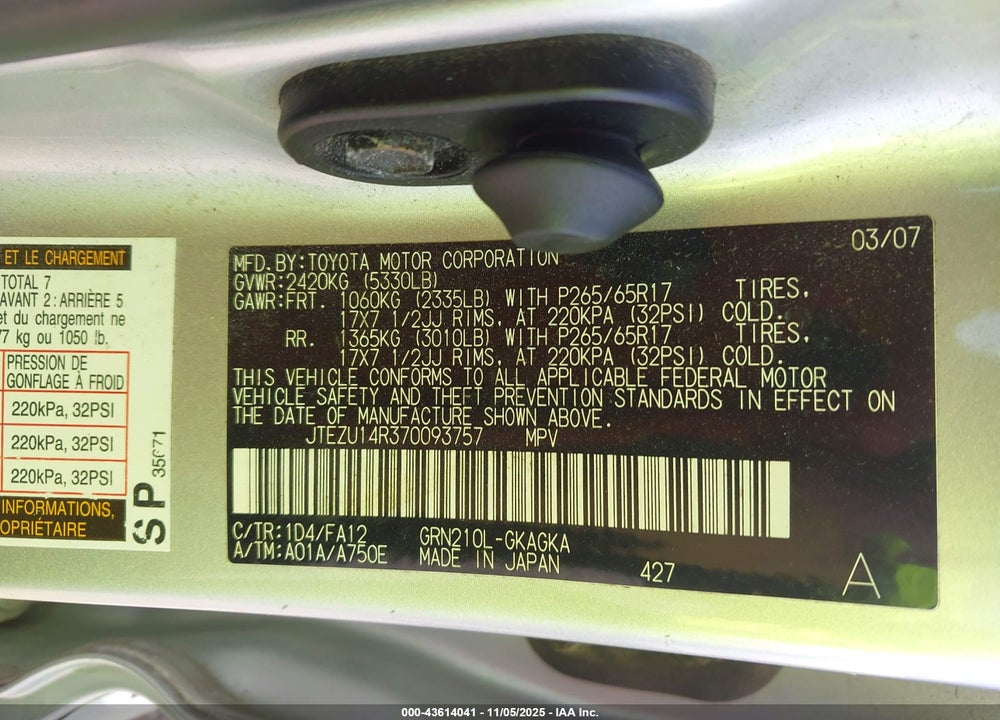 2007 TOYOTA 4RUNNER SR5 V6 VIN: JTEZU14R370093757