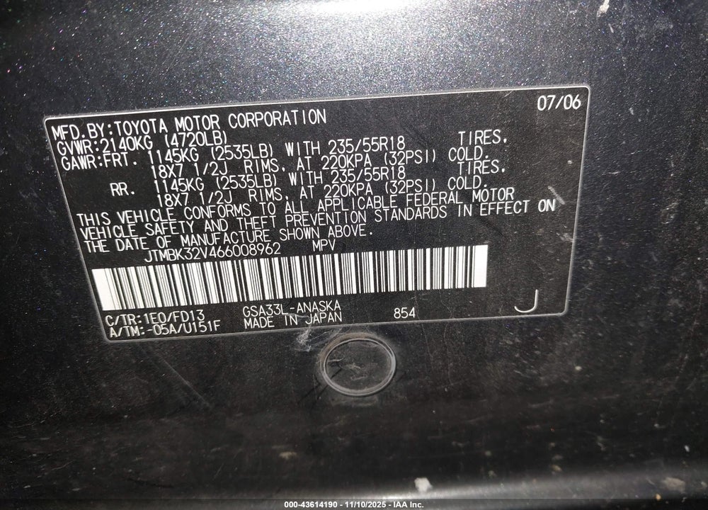 2006 TOYOTA RAV4 SPORT V6 VIN: JTMBK32V466008962