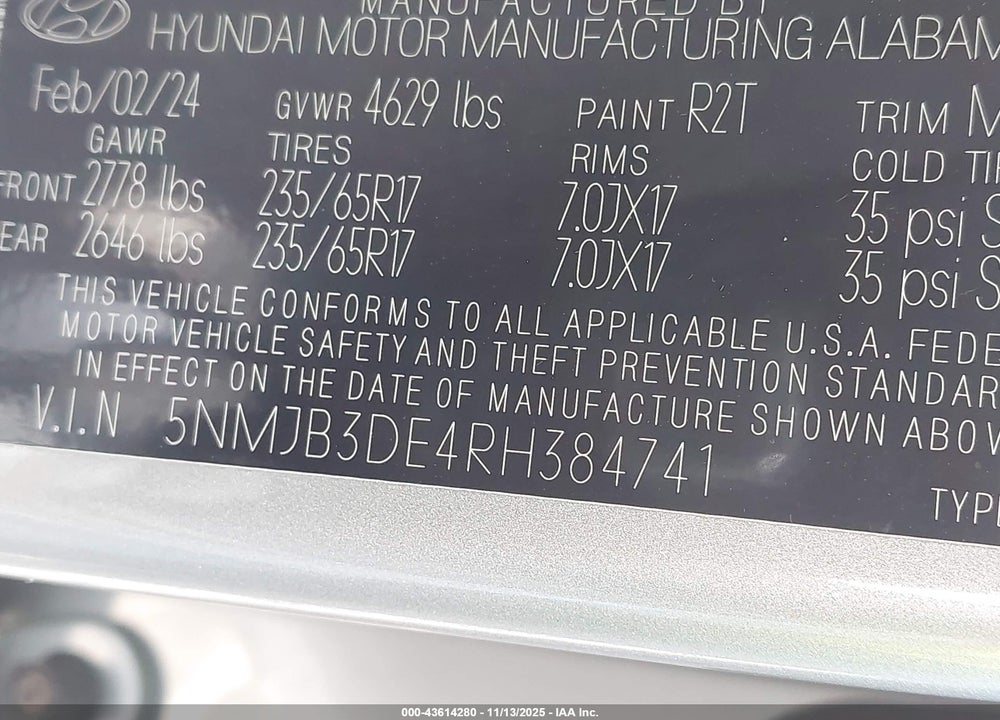 2024 HYUNDAI TUCSON VIN: 5NMJB3DE4RH384741