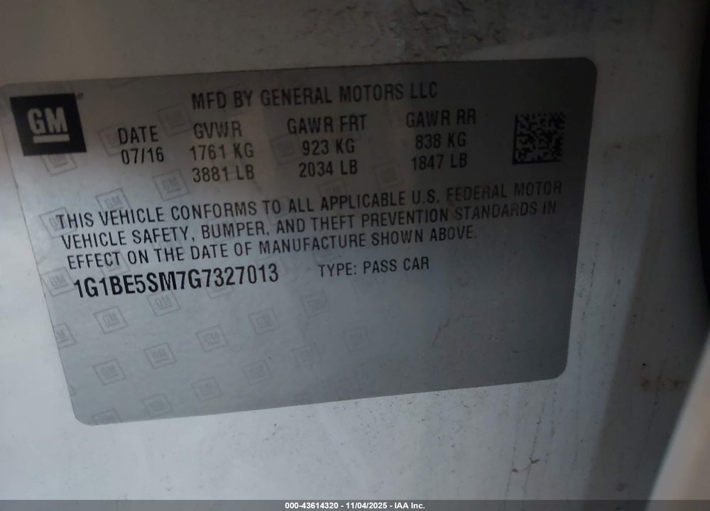 2016 CHEVROLET CRUZE VIN: 1G1BE5SM7G7327013