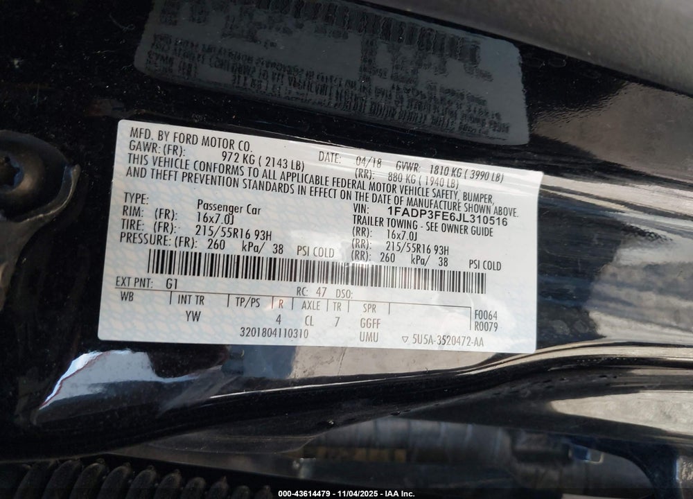 2018 FORD FOCUS SE VIN: 1FADP3FE6JL310516