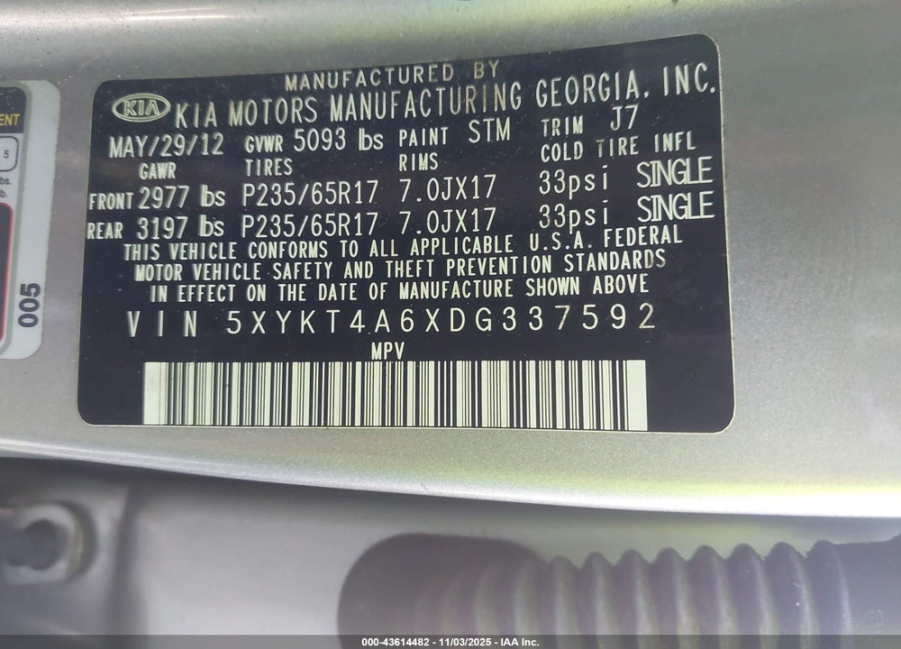 2013 KIA SORENTO VIN: 5XYKT4A6XDG337592