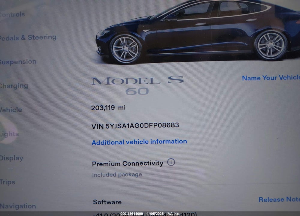 2013 TESLA MODEL S VIN: 5YJSA1AG0DFP08683