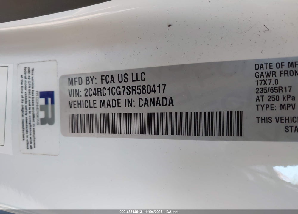 2025 CHRYSLER VOYAGER LX VIN: 2C4RC1CG7SR580417