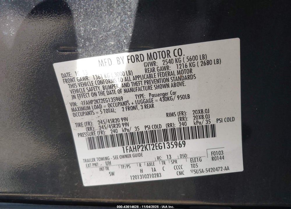 2014 FORD TAURUS SHO VIN: 1FAHP2KT2EG135969