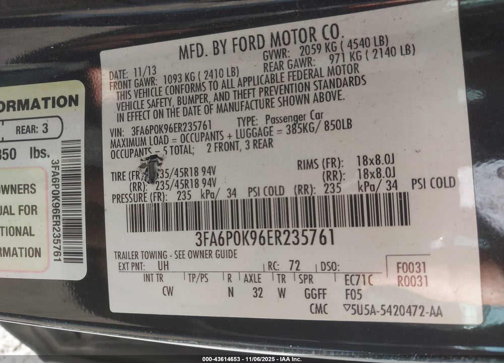 2014 FORD FUSION VIN: 3FA6P0K96ER235761