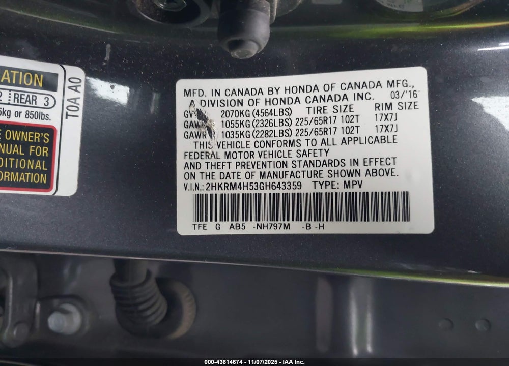 2016 HONDA CR-V EX VIN: 2HKRM4H53GH643359