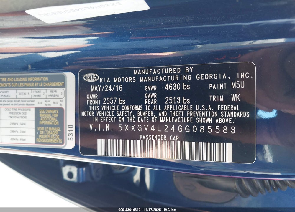 2016 KIA OPTIMA VIN: 5XXGV4L24GG085583