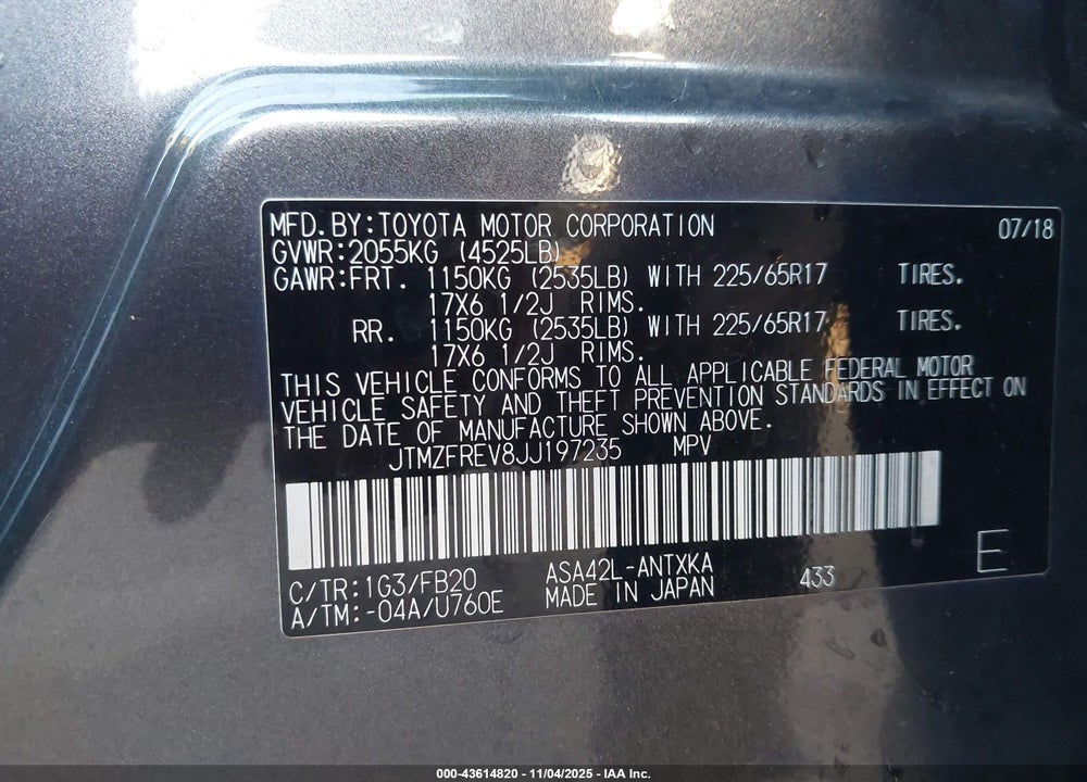 2018 TOYOTA RAV4 VIN: JTMZFREV8JJ197235
